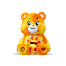 Care Bears medium plush Funshine Bear, front view orange fur with sunglasses and emblem