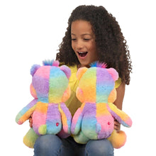 Two 14-inch Togetherness Bear plushes with rainbow heart bellies and heart paws.