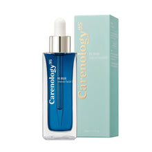 Blue facial oil bottle with white dropper next to light teal product box