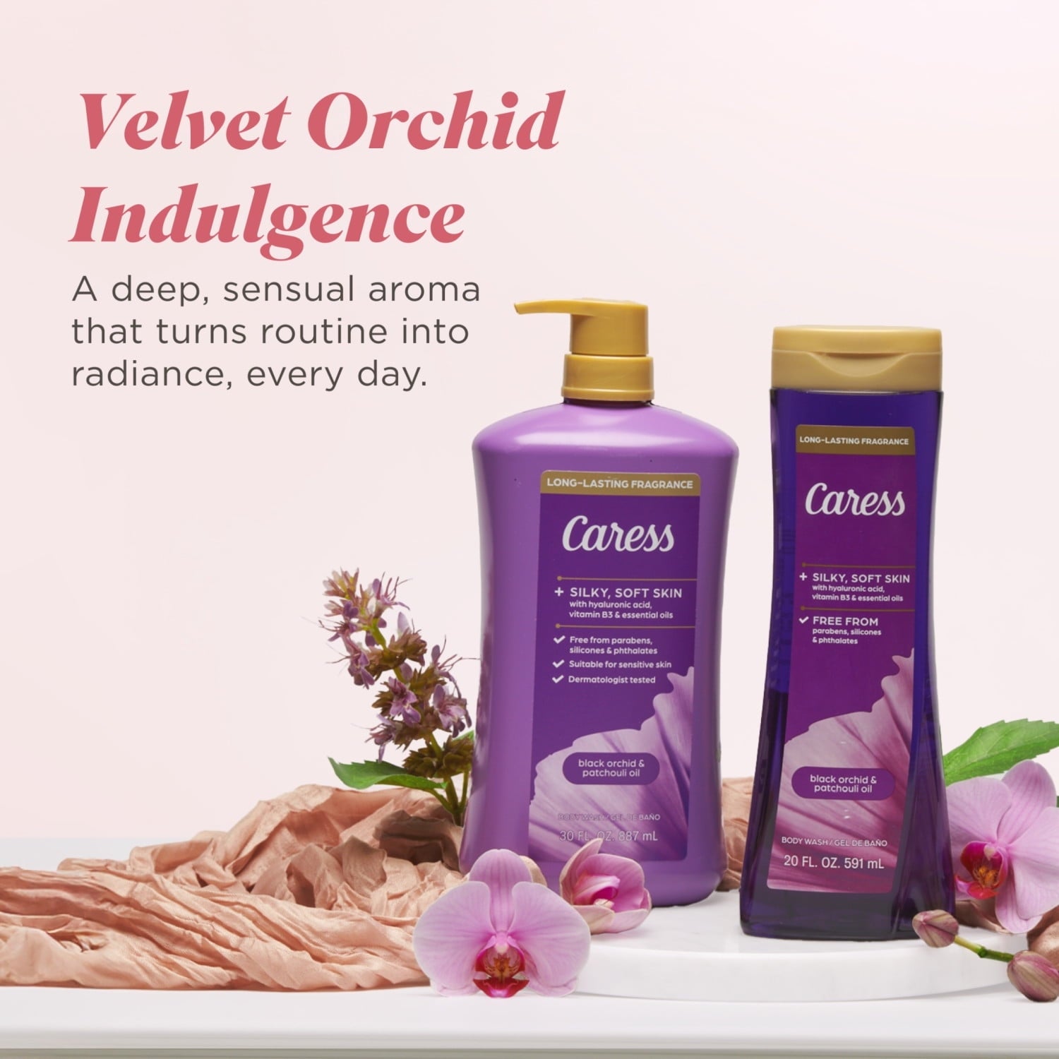 Caress Black Orchid & Patchouli Oil Body Wash With Pump, Moisturizing Body Wash with Hyaluronic Acid & Vitamin B3, 30 oz
