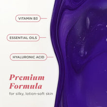 Purple body wash label panel showing Vitamin B3, essential oils, and hyaluronic acid