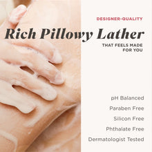 Body wash lather and hands during cleansing, with pH balanced and free-from icons