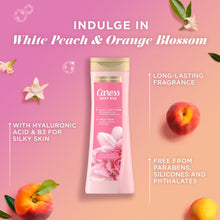 Daily silk body wash bottle with white peach & orange blossom fragrance graphics