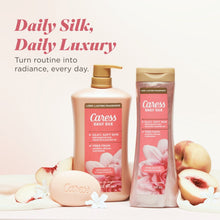 Caress Daily Silk body wash set with pump bottle, tall bottle, and bar soap.