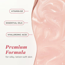 Daily Silk body wash formula panel with hyaluronic acid and vitamin B3.