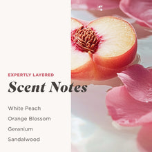 Daily Silk body wash scent notes with white peach and orange blossom imagery.
