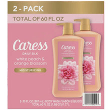 Body wash 2-pack box front with two gold-pump bottles and white peach fragrance