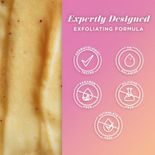 Exfoliating formula badges with skin texture panel