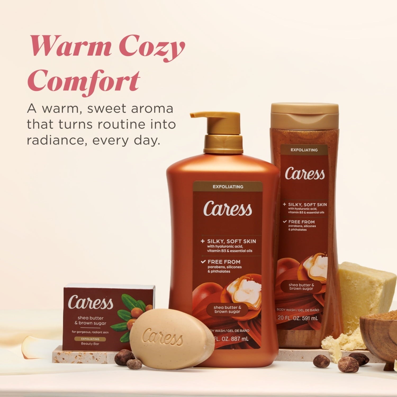 Caress Shea Butter & Brown Sugar Body Wash, Exfoliating & Moisturizing, Hyaluronic Acid, 30 oz