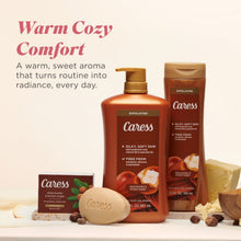 Brown Caress body wash bottle and matching soap bar with label