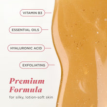 Thick golden body wash gel with exfoliating specks on a swatch