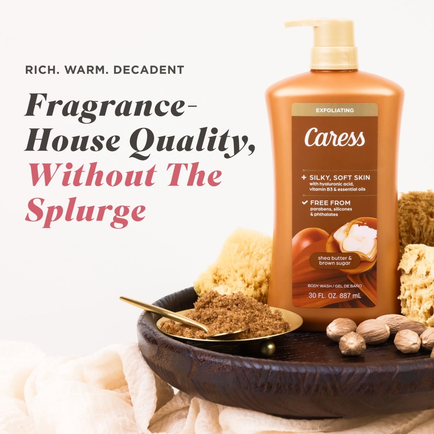 Caress Shea Butter & Brown Sugar Body Wash, Exfoliating & Moisturizing, Hyaluronic Acid, 30 oz