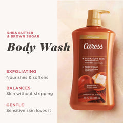 Caress Shea Butter & Brown Sugar Body Wash, Exfoliating & Moisturizing, Hyaluronic Acid, 30 oz