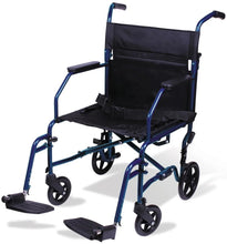 Blue transport wheelchair with black padded seat and back, swing-away footrests, front casters