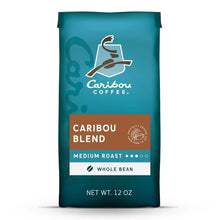 Whole bean coffee bag, teal Caribou Blend medium roast, 12 oz