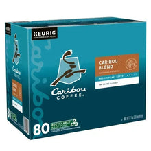 Caribou Blend K-Cup pod box, 80-count, teal carton with side panel view