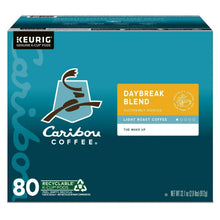 K-Cup coffee box with teal Caribou Coffee logo, Daybreak Blend label, and 80 pods.
