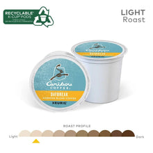 Light roast coffee K-Cup pods with teal Caribou Daybreak Blend lids and roast profile.