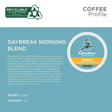 K-Cup coffee box back showing Coffee Profile for Daybreak Morning Blend, light roast.