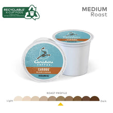 Caribou Blend medium roast K-Cup pods, two cups with blue labels