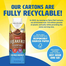 Breakfast Essentials rich milk chocolate bottle with recyclable carton packaging info