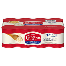 Carnation evaporated milk 12-pack case, top view with “12 cans” text