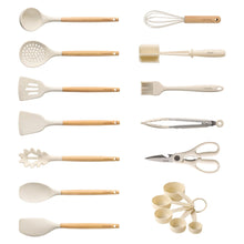 Silicone cooking utensil set with light wood handles: ladle, skimmer, spatulas, whisk and more