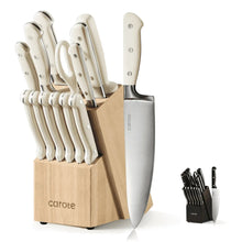 Knife set in rectangular wooden block with upright stainless knives