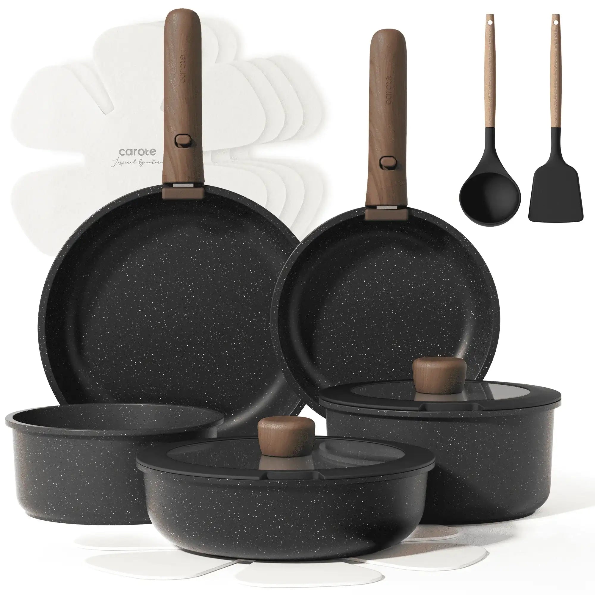 Carote 15 Pcs Nonstick Cookware Sets, Granite Non Stick Pots and Pans with Removable Handles, Oven Safe, Induction Compatible, Black