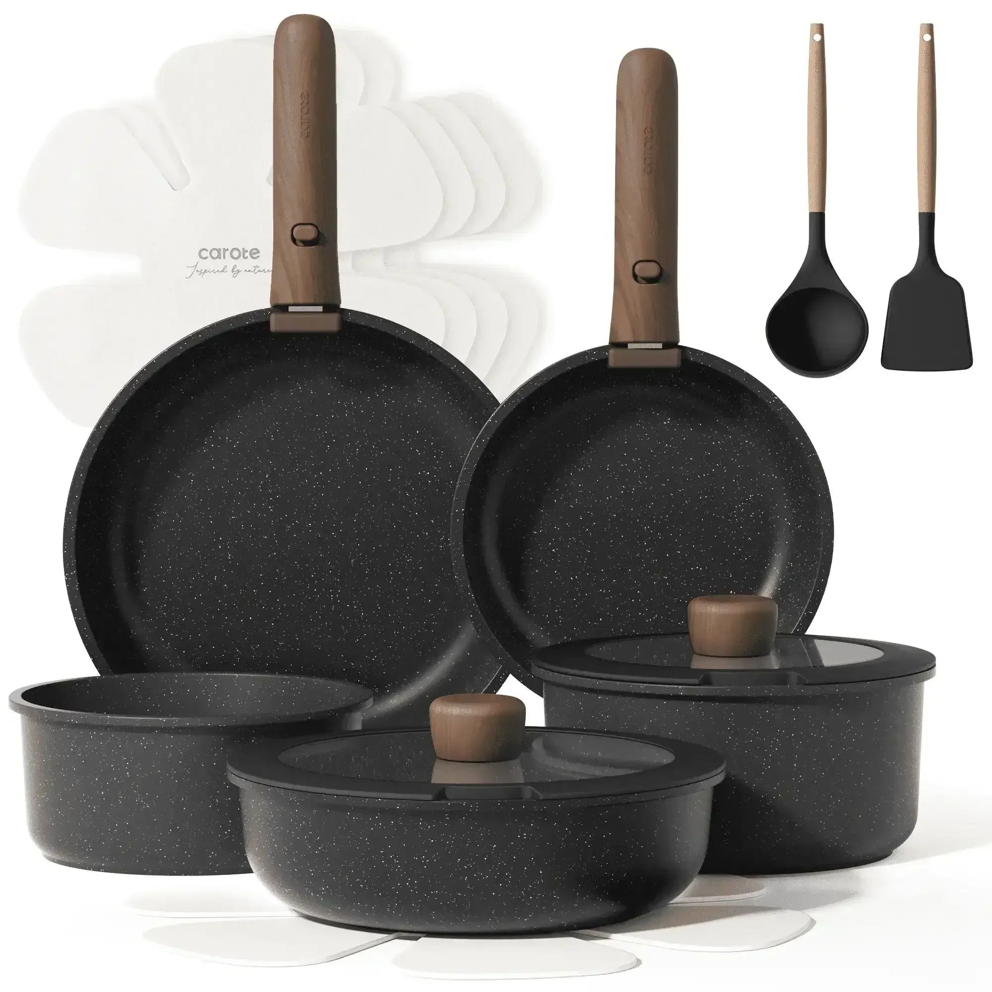Carote 15 Pcs Nonstick Cookware Sets, Granite Non Stick Pots and Pans with Removable Handles, Oven Safe, Induction Compatible, Black