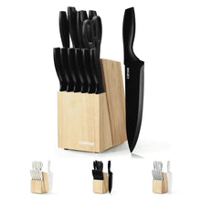 Black ceramic-coated knife set in a wooden block, with multiple knives