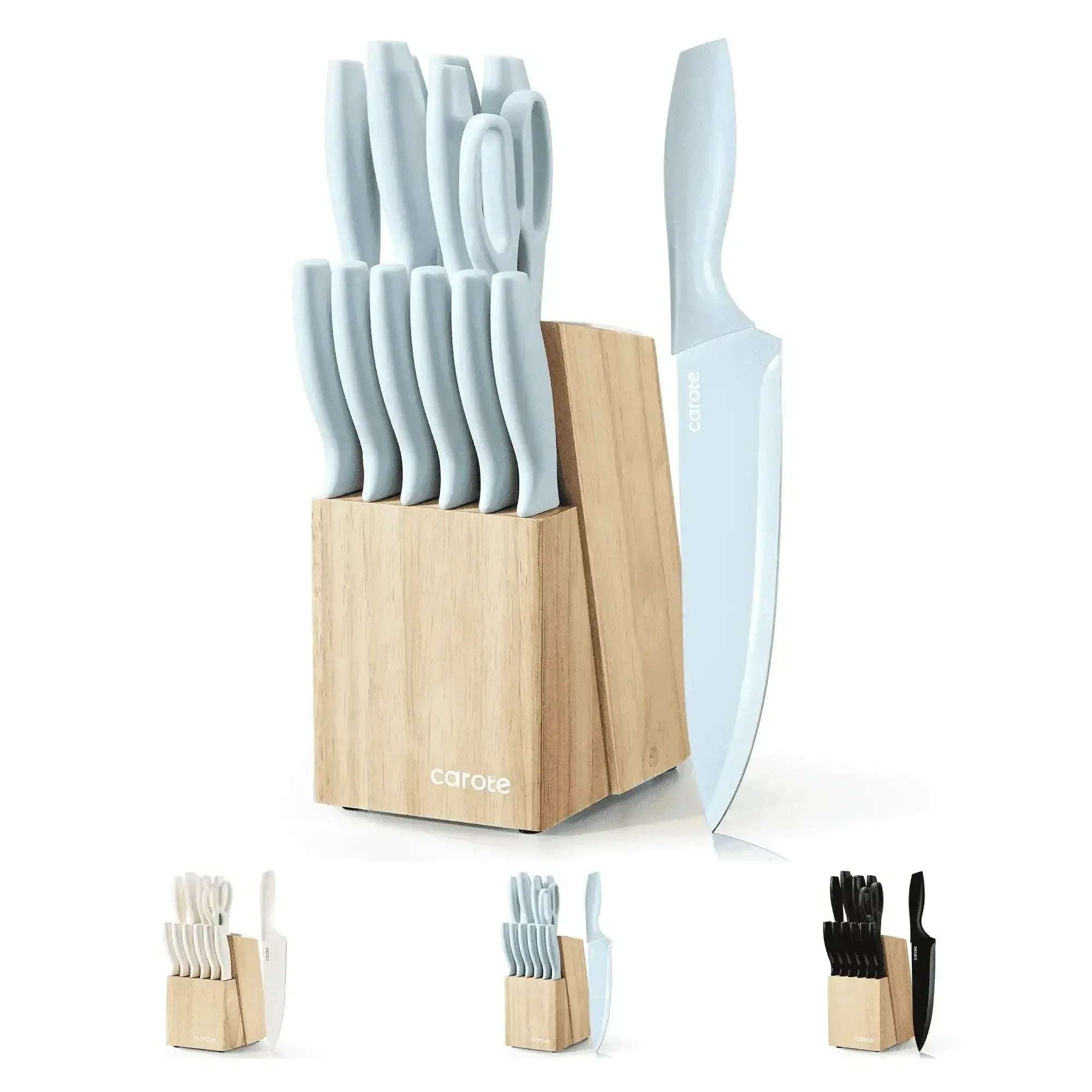 Carote 15-Piece Premium Kitchen Knife Set, Ceramic-Coated Blades with Stylish Wooden Block