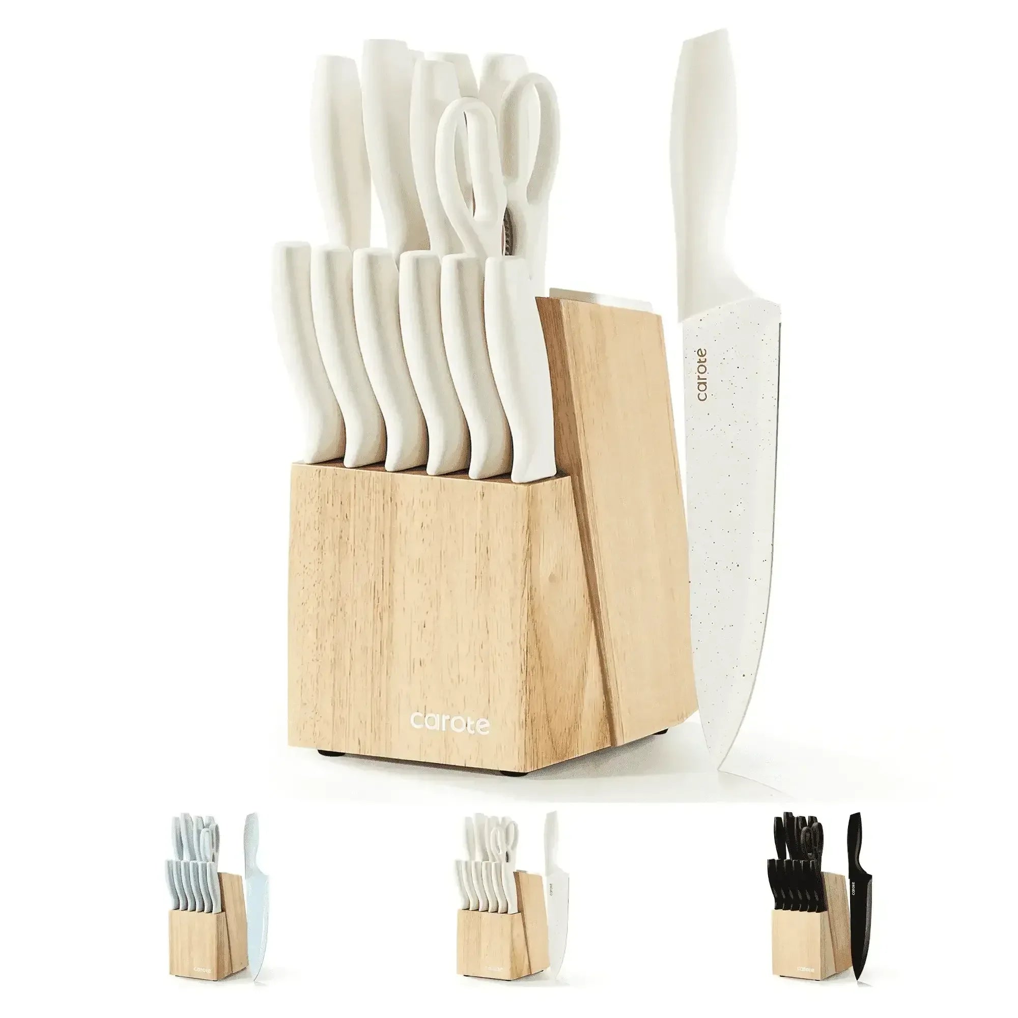 Carote 15-Piece Premium Kitchen Knife Set, Ceramic-Coated Blades with Stylish Wooden Block