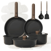 Carote 15-piece nonstick cookware set, black granite pans with removable wooden handles