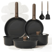 Nonstick cookware set with black pans and pots, wooden removable handles and utensils