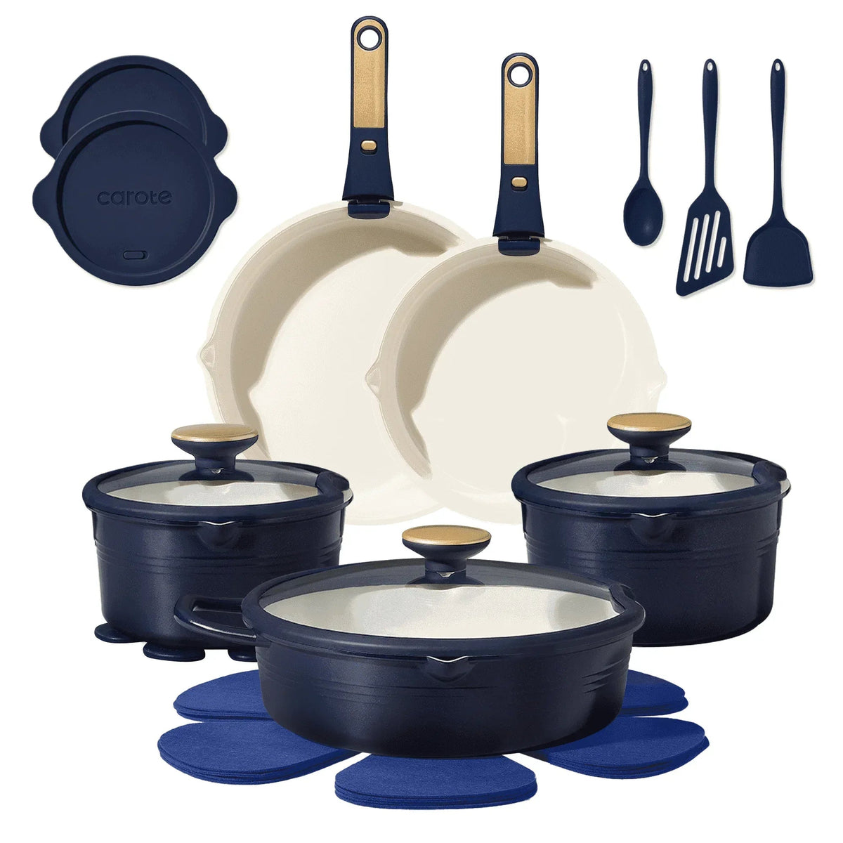 Carote 22 Pcs Ceramic Cookware Set, Pots and Pans Set with Detachable Handles, Oven Safe, Induction Cookware, Stackable Kitchen Cooking Set, Blue