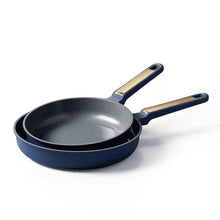 Blue nonstick frying skillet set with gold handles, 9.5 and 11 inch pans