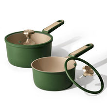 Green nonstick saucepan set with two matching lids and curved handles