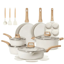 White granite nonstick cookware set with pans, pots, lids, and wooden handles