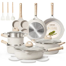 Cookware set with speckled nonstick pots and pans, wood-look handles, 21-piece collection