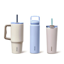 3-piece insulated stainless steel bottle and tumbler set with straws and blue lids