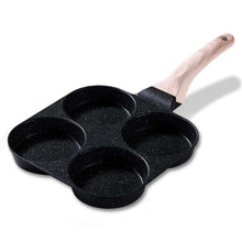 Four-cup divided black nonstick egg and burger pan with wooden handle