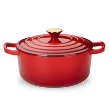 Carote red enamel cast iron dutch oven with domed lid and gold knob, round pot