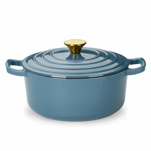 Blue enamel cast iron Dutch oven with matching lid and side handles