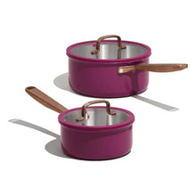 Purple stainless steel saucepans set with lids and wooden handles, two sizes shown