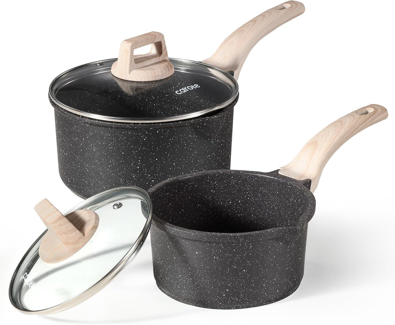 Carote 1.5Qt & 3.0Qt Non-Stick Sauce Pan Set with Lid, Non Stick Sauce Pots Cooking Pot with Pour Spout, Easy to Clean(Class Granite)