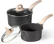 Black speckled nonstick sauce pan set with glass lids, wooden handles, and pour spouts