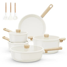 Ceramic nonstick cookware set: white pots with wooden handles and lids