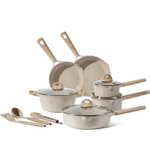 Ceramic nonstick cookware set, taupe pots and pans with wooden-style handles