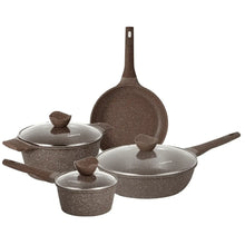 Brown speckled nonstick cookware set with lidded pots and matching pans